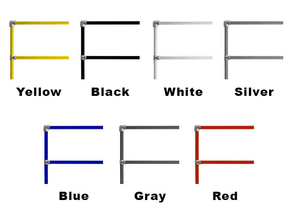Cutouts of yellow, black, white, silver, blue, gray, and red handrail labeled by color